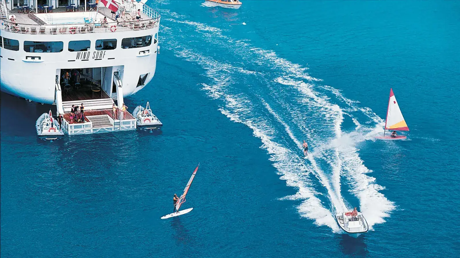 Aerial view of Windstar Star Breeze watersports marina platform with guests