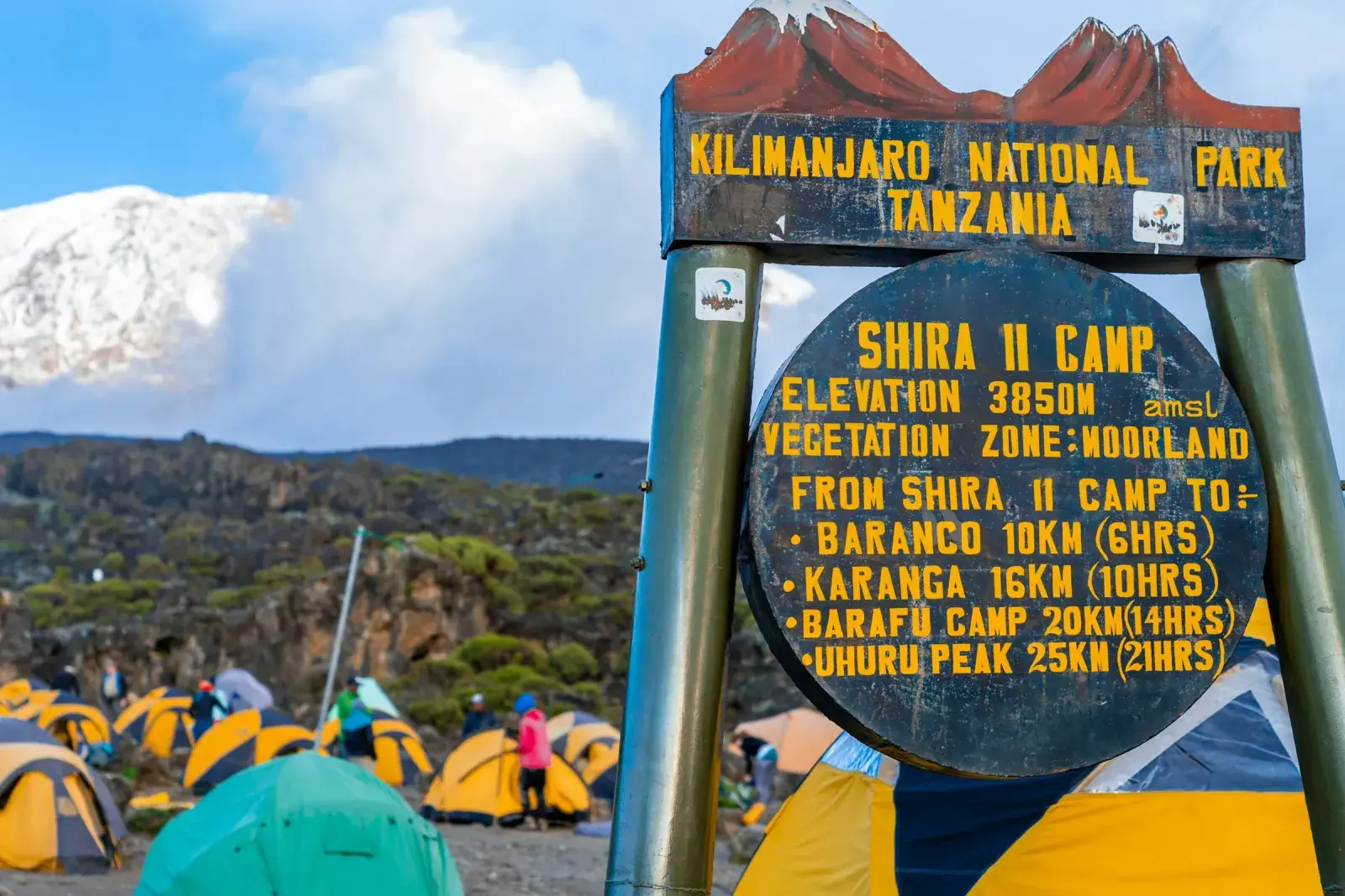 Tents near the sign for Kilimanjaro National Park