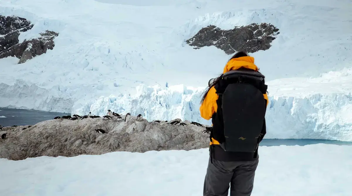 Sarah Rodgers standing in Antarctica
