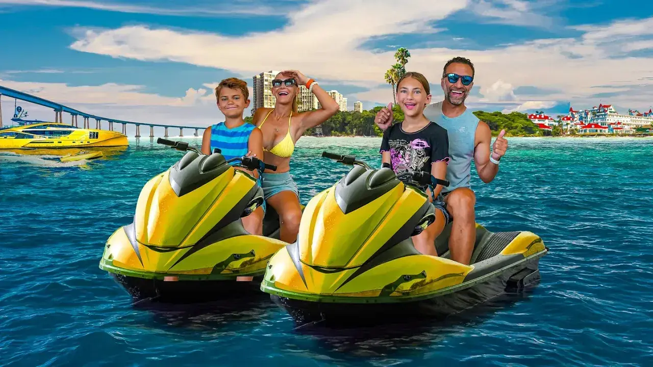 The Lockwood family riding jet skis in San Diego Bay