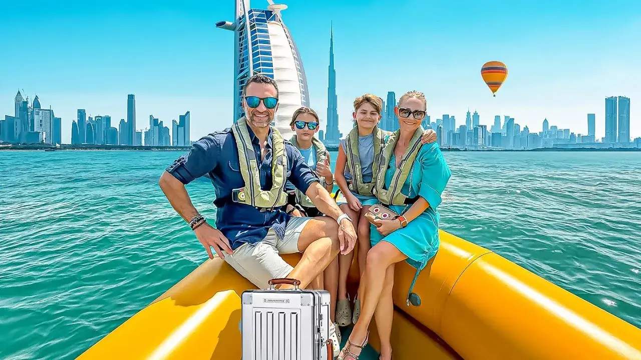 The Lockwood family sitting on a boat in front of the Dubai skyline