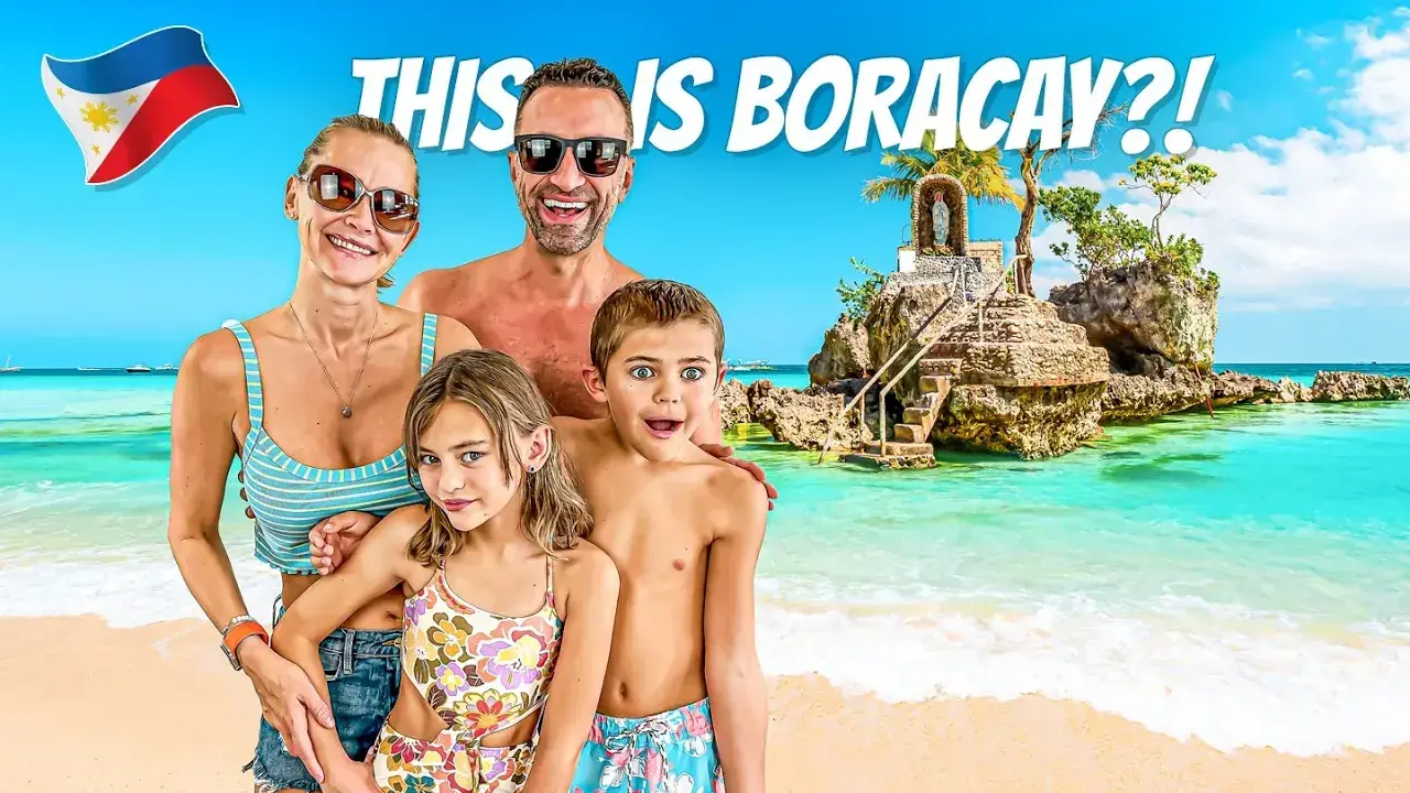 The Lockwood family poses on a beach in Boracay, Philippines