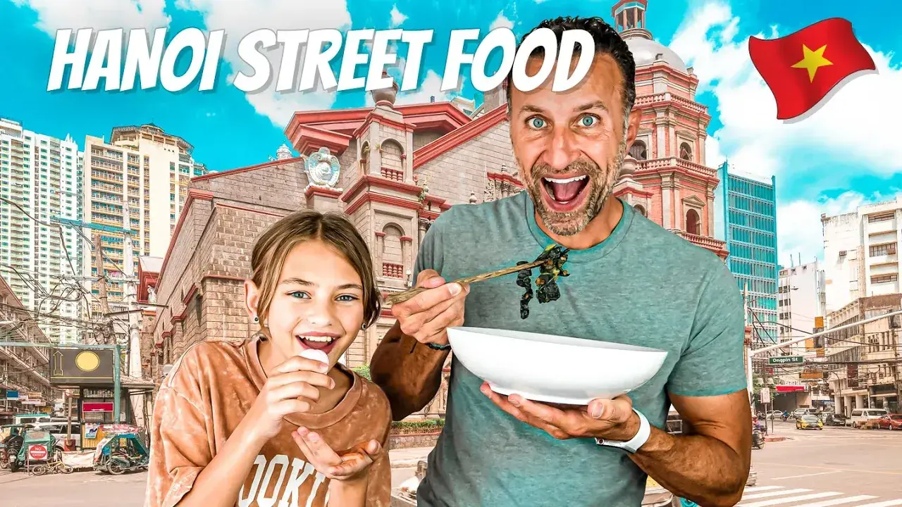 Brooklyn and Phil Lockwood eating Vietnamese street foods in Hanoi