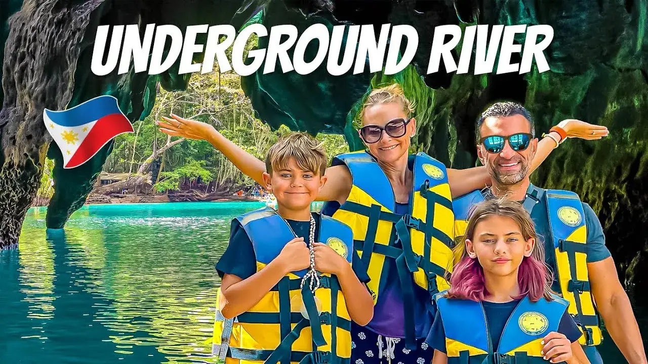 The Lockwood family floating the Puerto Princesa Underground River in Palawan, Philippines