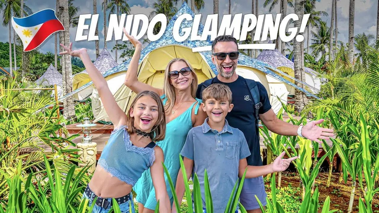 The Lockwood family at a luxury beach glamping tent on Nacpan Beach, El Nido, Palawan, Philippines