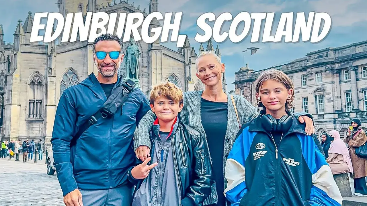 The Lockwood family poses on the Royal Mile in Edinburgh