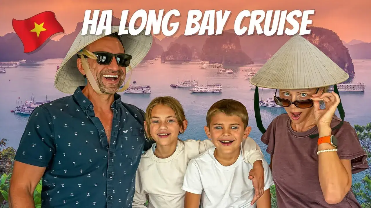 The Lockwood family posing with Ha Long Bay in the background
