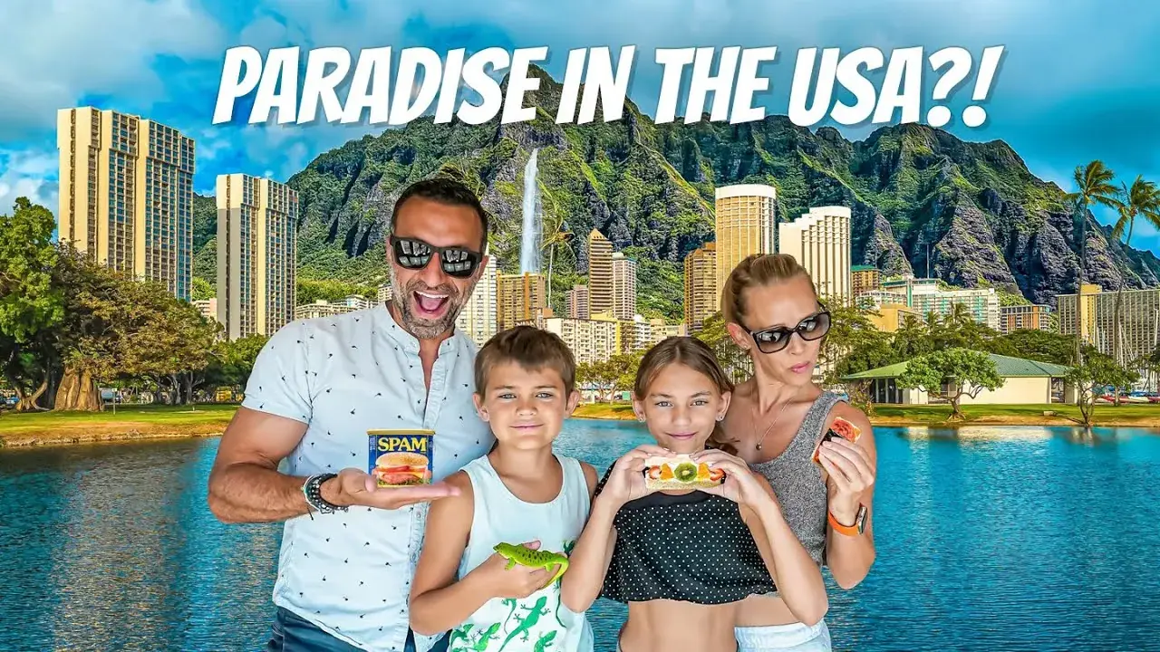 The Lockwood family holding Hawaiian treats in Oahu