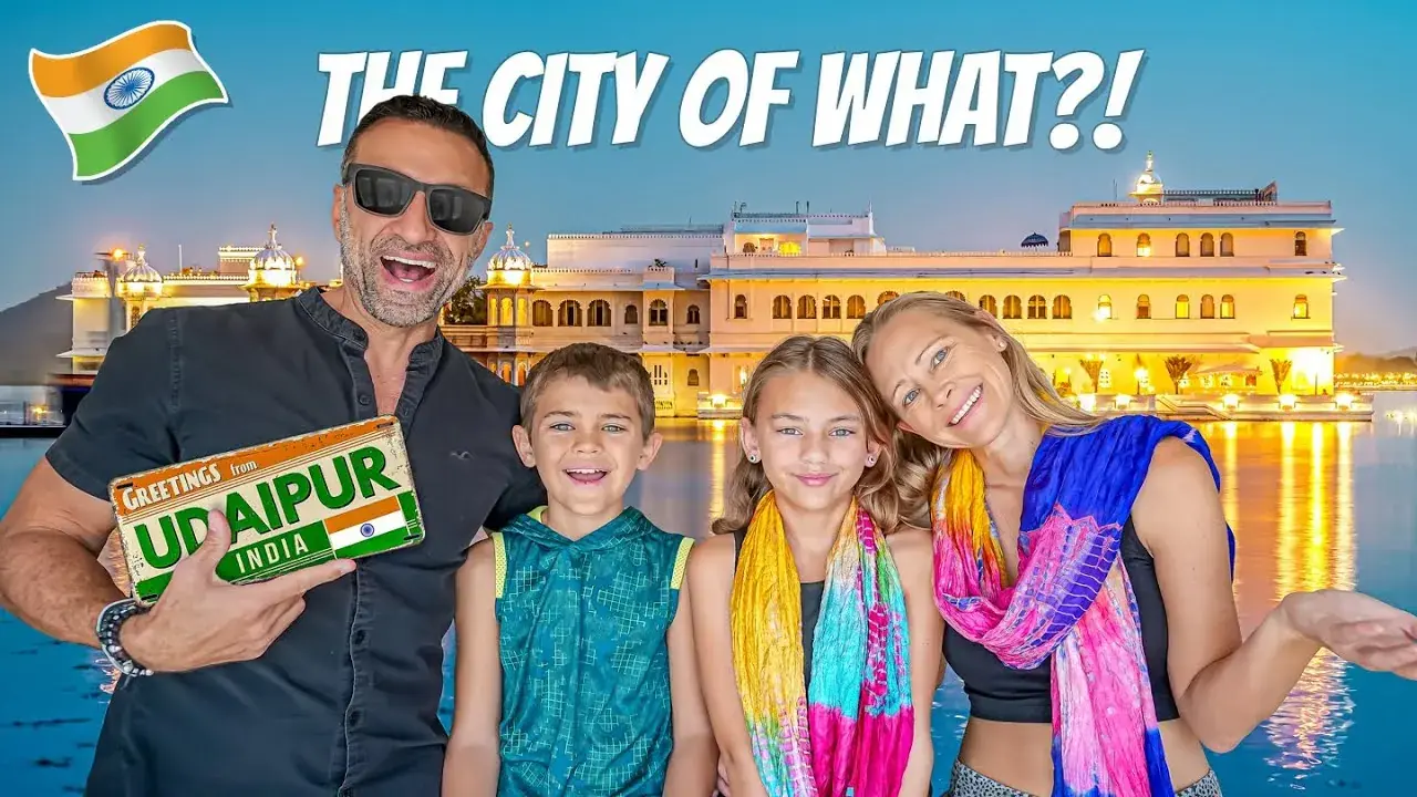 The Lockwood family poses in front of an Udaipur landmark