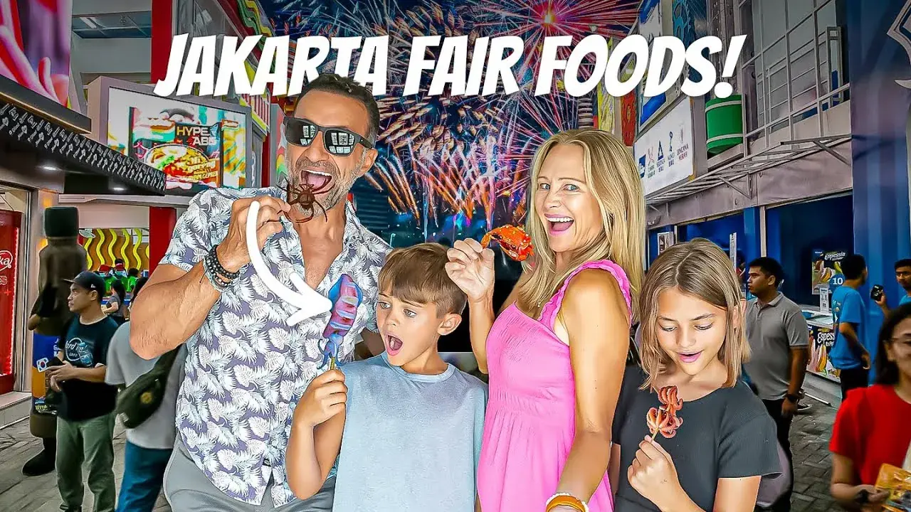 The Lockwood family trying street food at the Jakarta Fair in Indonesia