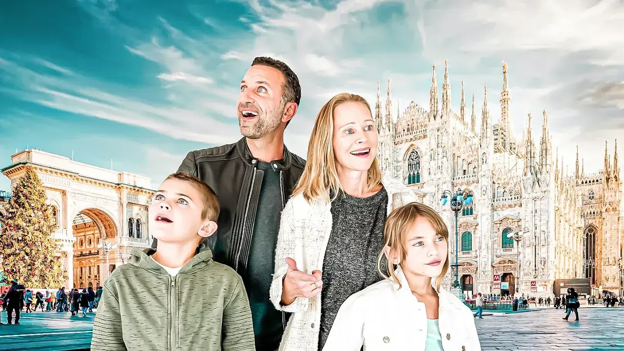 The Lockwood family posing in front of Milan's Duomo