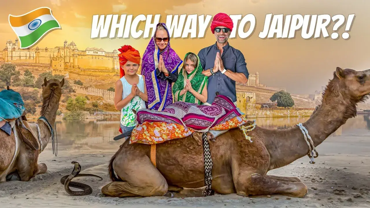 The Lockwood family poses in Jaipur with a camel